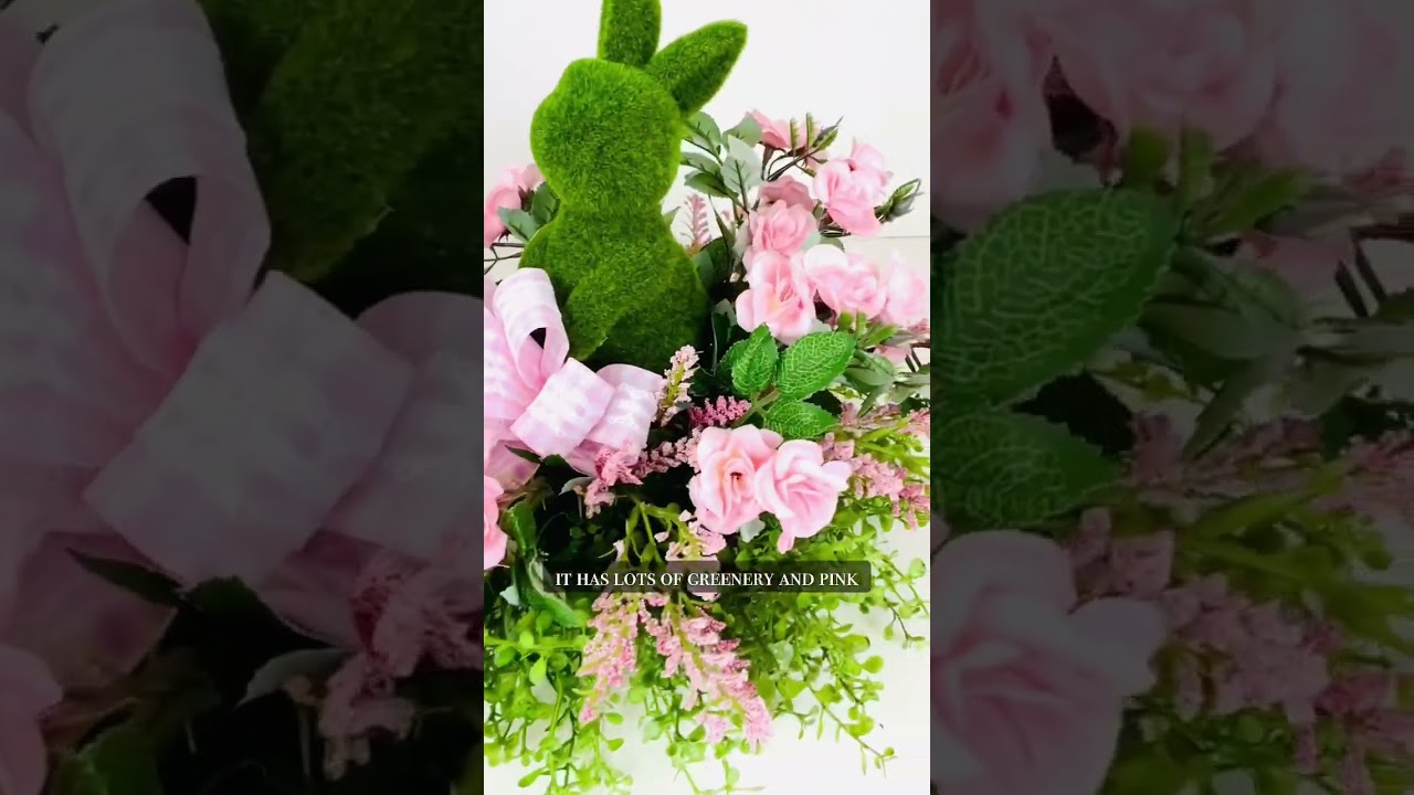 Easter Centerpiece for your Tablescape - Moss Bunny among Pink Roses and Greenery