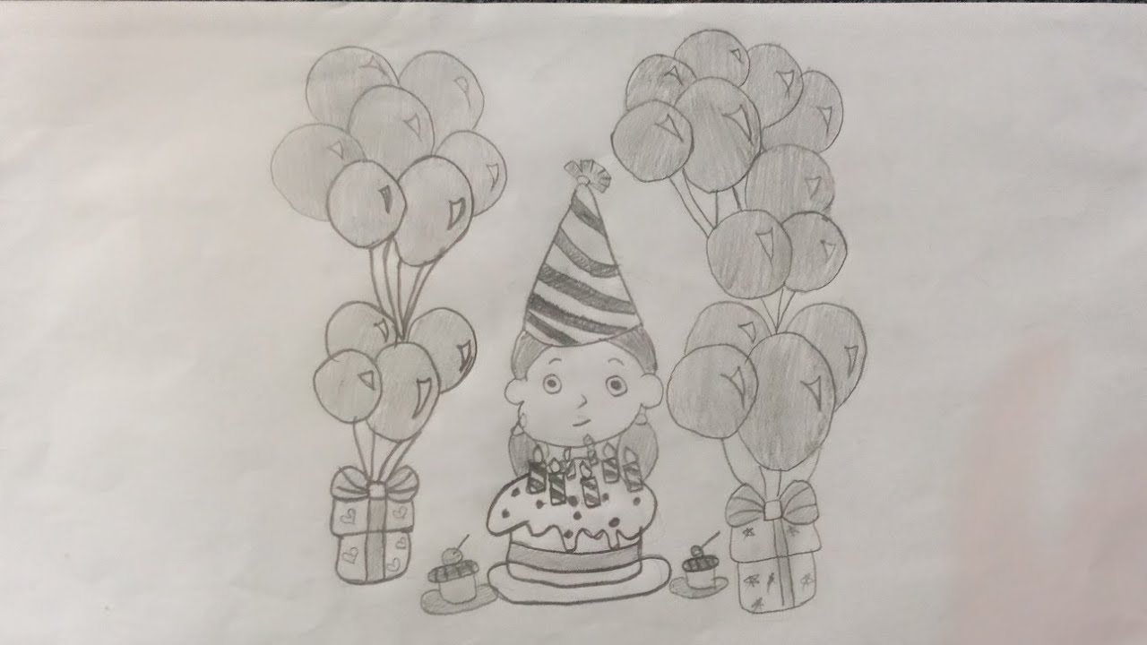 How to draw a Birthday cute girl with cake and many balloons Step by