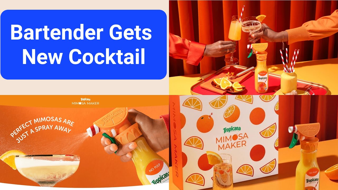 Tropicana Cocktail ‘perfect’ mimosa maker featuring orange juice spray