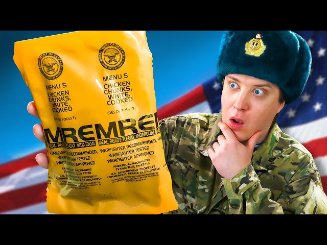 The Russian is trying a new American MRE. How do you eat it? class=