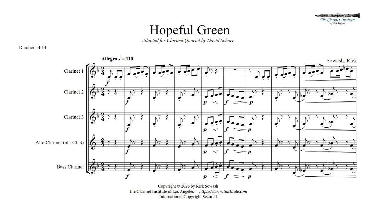 Sowash, Rick -  Hopeful Green for Clarinet Quartet