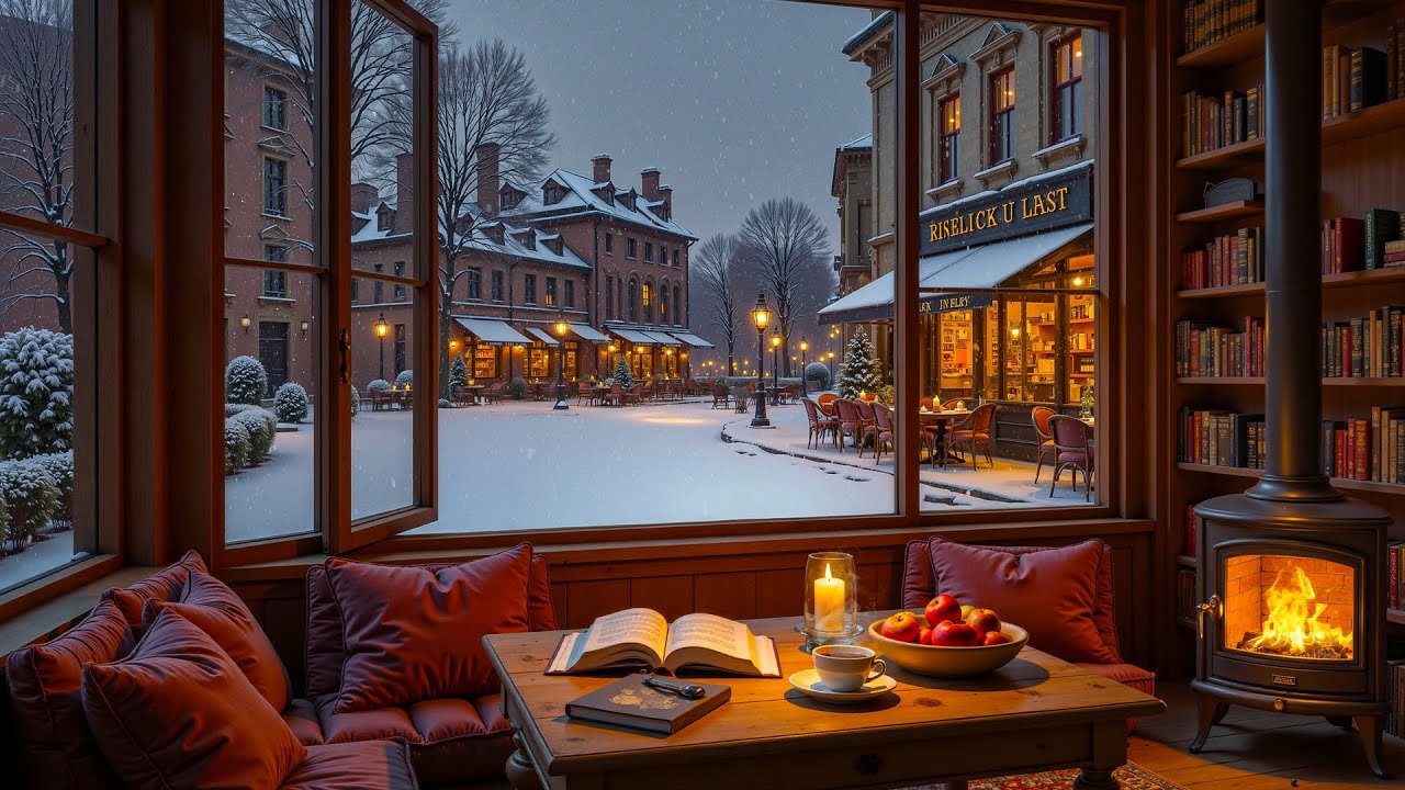 A cozy winter café Ambience with amazing jazz music ❄️ Jazz piano and a warm fireplace.