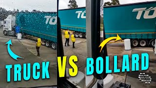 Truck Driver Got Concrete Bollard Stuck under His Truck