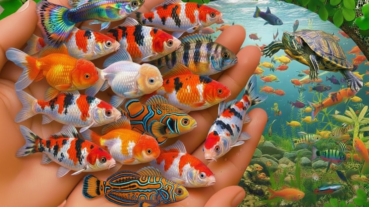 Catch beautiful aquarium fish in small pond baby turtle, eel, koi, pencil fish, cute fish, guppies