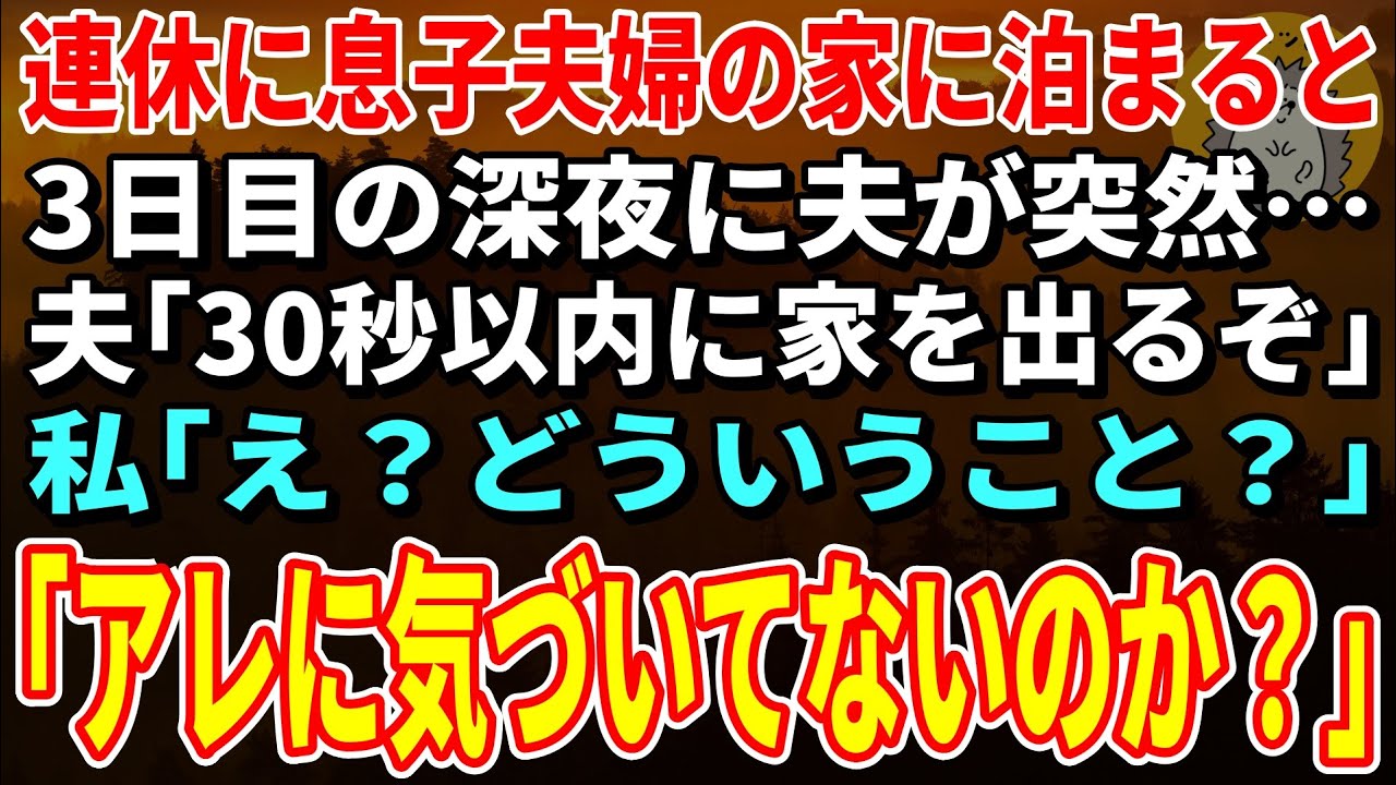【スカッと★総集編】連休に息子夫婦の家に泊まりに行くと3日目の深夜に夫「30秒以内に家を出るぞ」真剣な表情の夫に私「え？どういうこと？」夫「あれに気づいてないのか？」【朗読】【修羅場】