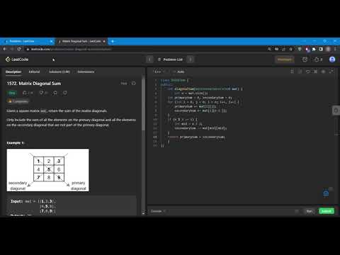 1572 || Matrix Diagonal Sum || C++ || Leetcode Daily Challenge
