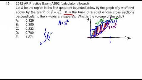 AB Calculus 2012 AP Practice Exam AB 92 Calculator Allowed Find Volume Using a Cross Section