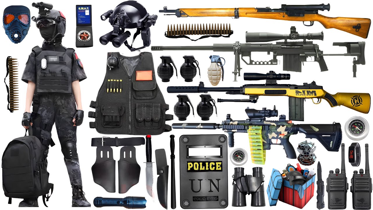 Special police weapon toy gun set unboxing, M416, M14 rifle,M-200,AWM sniper rifle,Glock pistol,bomb