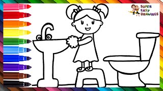 Drawing and Coloring a Girl Washing Her Hands 👧🧼💦🚰🚽🌈 Drawings for Kids