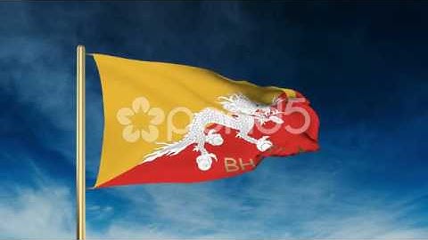Bhutan Flag Slider Style With Title. Waving In The Wind With Cloud Background