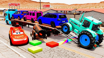 Flatbed Truck McQueen | Transportation with Truck - Pothole vs Car #32 | BeamNG.Drive Gameplay