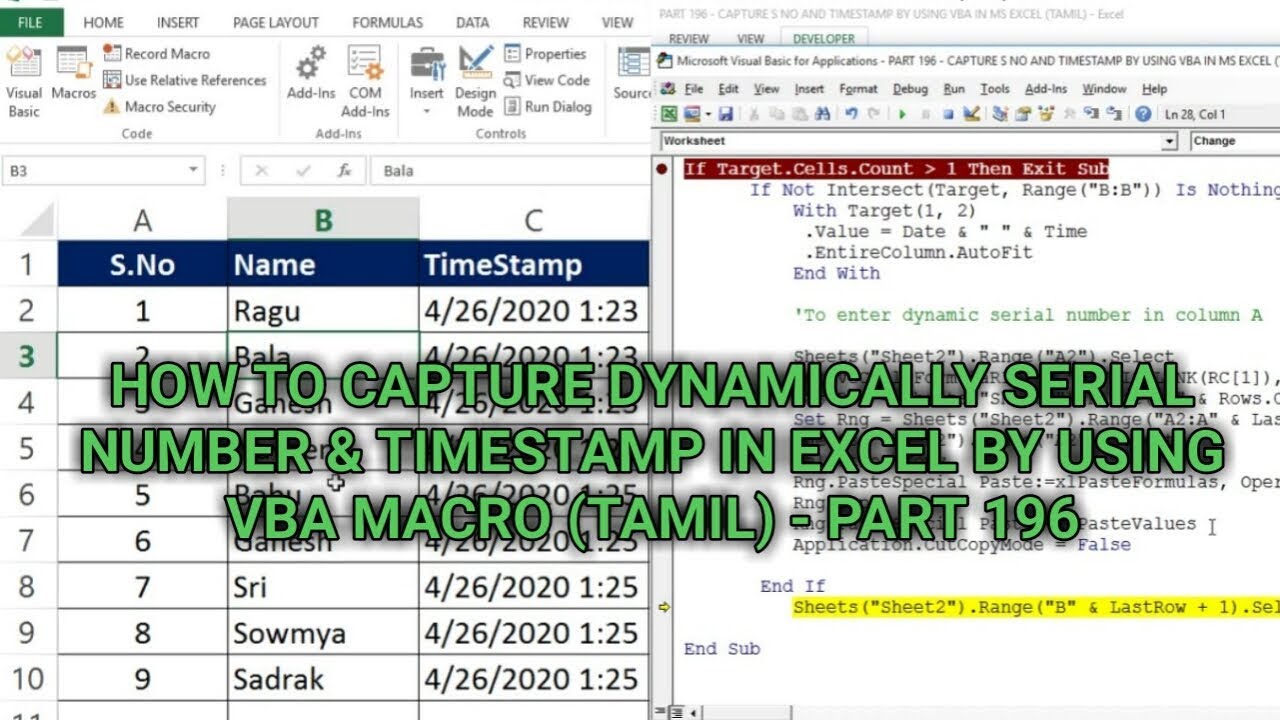 PART 196 - DYNAMIC SERIAL NUMBER & TIMESTAMP IN EXCEL BY USING VBA