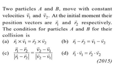 Two particles A and B, move with constant velocities v1 and v2. At the initial moment their initial