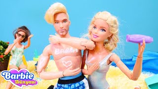 Barbie oyunları! Barbie kıskanıp erkek arkadaşınına güneş kremi ile yazı yazıyor! Kız videoları!