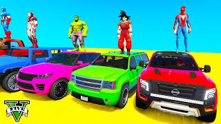 SPIDERMAN CARS Vs MONSTER Trucks MULTI Ramp Challenge ! SUPERHERO HULK GOKU Epic Stunt Race  GTA 5