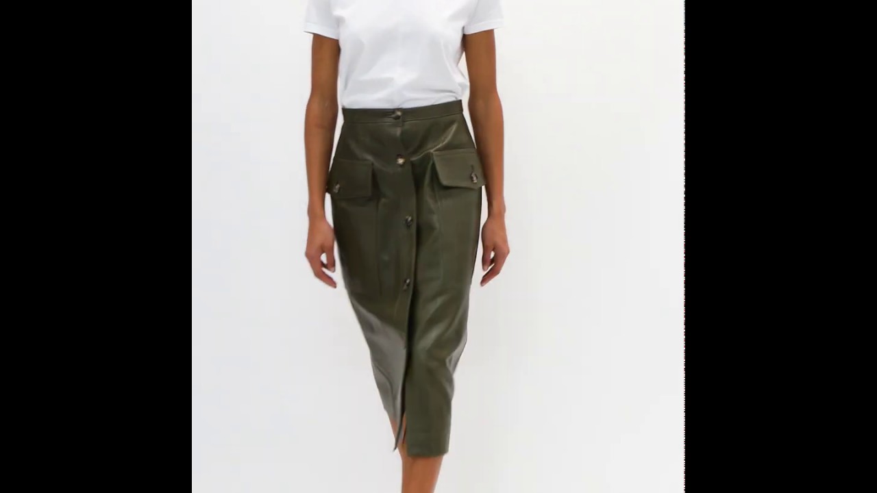 Button down leather midi skirt