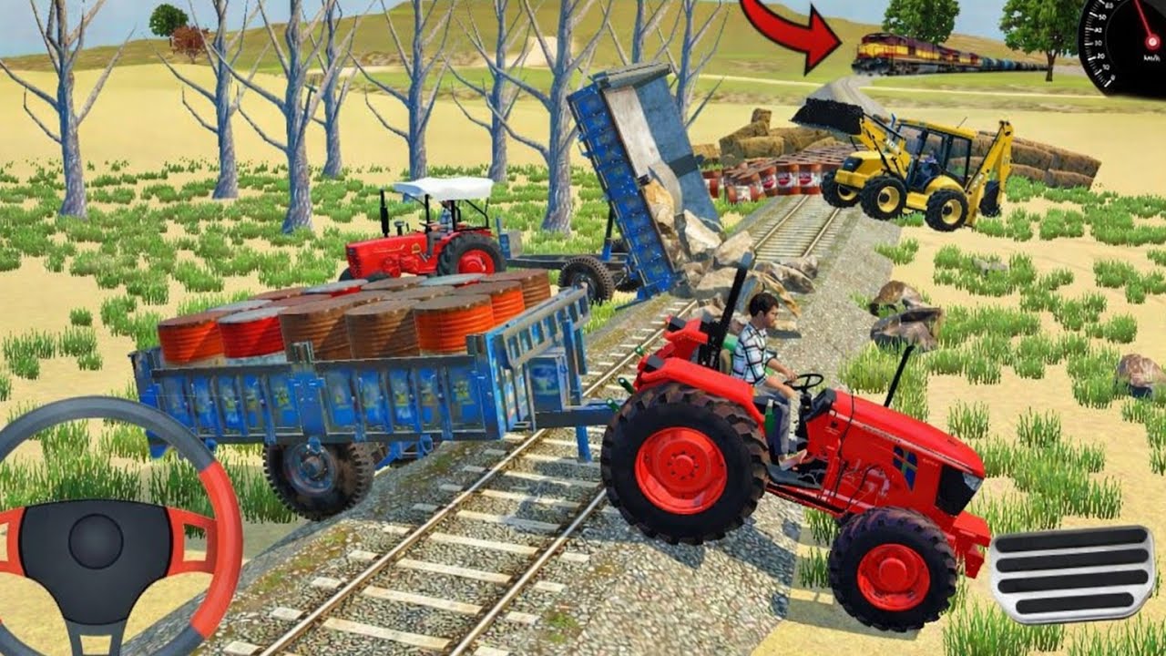 Tractor and jcb struck in track crash train on tractor 🚜