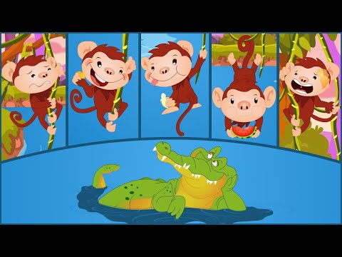 Five Little Monkeys and the Alligator | Swinging in a Tree | Five Monkeys Rhyme