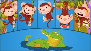 Five Little Monkeys And The Alligator | Swinging In A Tree | Five Monkeys Rhyme