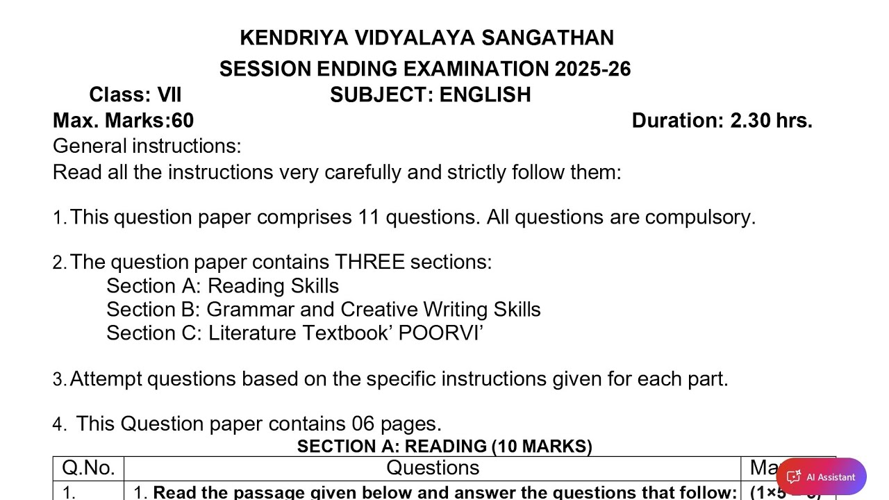 Class-7 English / Annual Exam 2026 Question Paper Session Ending PM SHRI KENDRIYA VIDYALAYA Term2