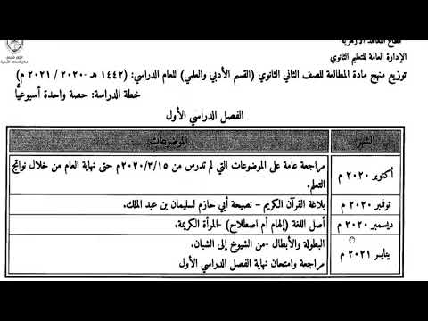 توزيع منهج المطالعة للصف الثاني الثانوي الأدبي والعلمي ترم أول 