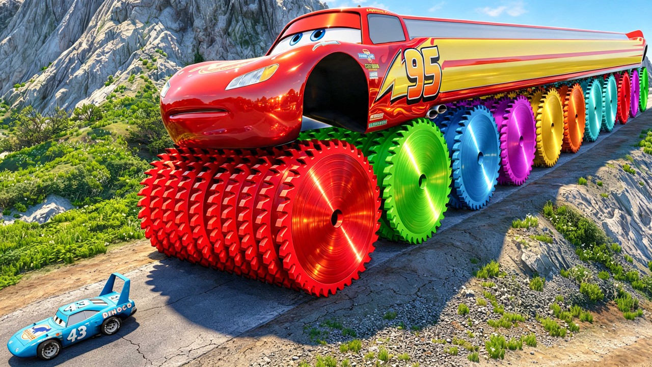 GIANT Long McQueen with HUGE WIDE Colors Saw Wheels vs Big & Small Lightning McQueen | BeamNG.Drive