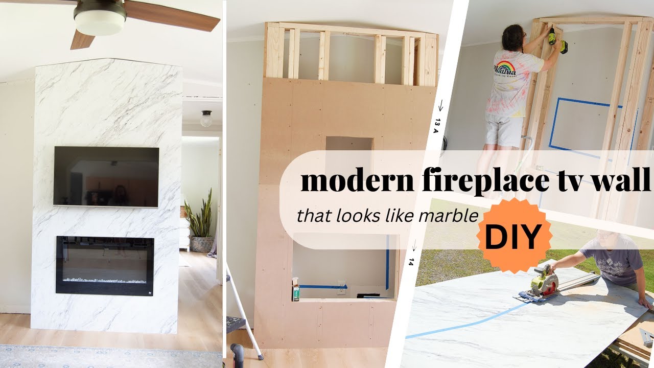DIY Modern Fireplace TV Wall (that looks like marble) YouTube