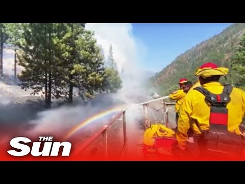 Firefighters extinguish US wild fires from roof of moving train.