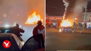 Security guard's car set on fire after he tried to shut down street takeover in New York City