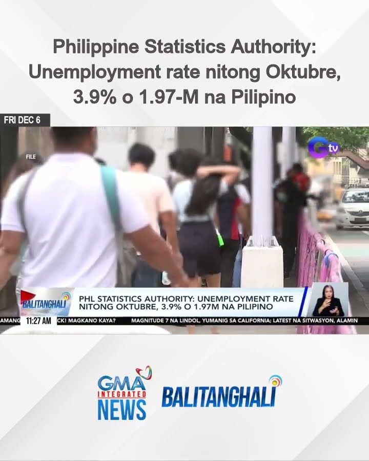 Philippine Statistics Authority - Unemployment rate nitong Oktubre, 3.9% o 1.97-M... | Balitanghali