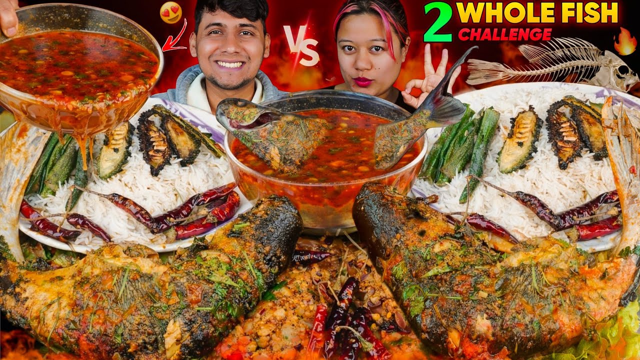 Hubby cooking 2 Whole Fish curry & Mukbang challenge 🐟🔥 | Brinjal & potato bhorta,Fish Gravy & Rice
