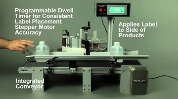Tach-It Mini-Con S Automated Wipe On Label Applicator with integrated Conveyor
