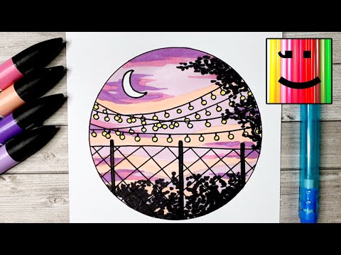 Видео: Comment Dessiner un Paysage dans un cercle - Coucher de soleil de couleurs pastelles #tutodessin