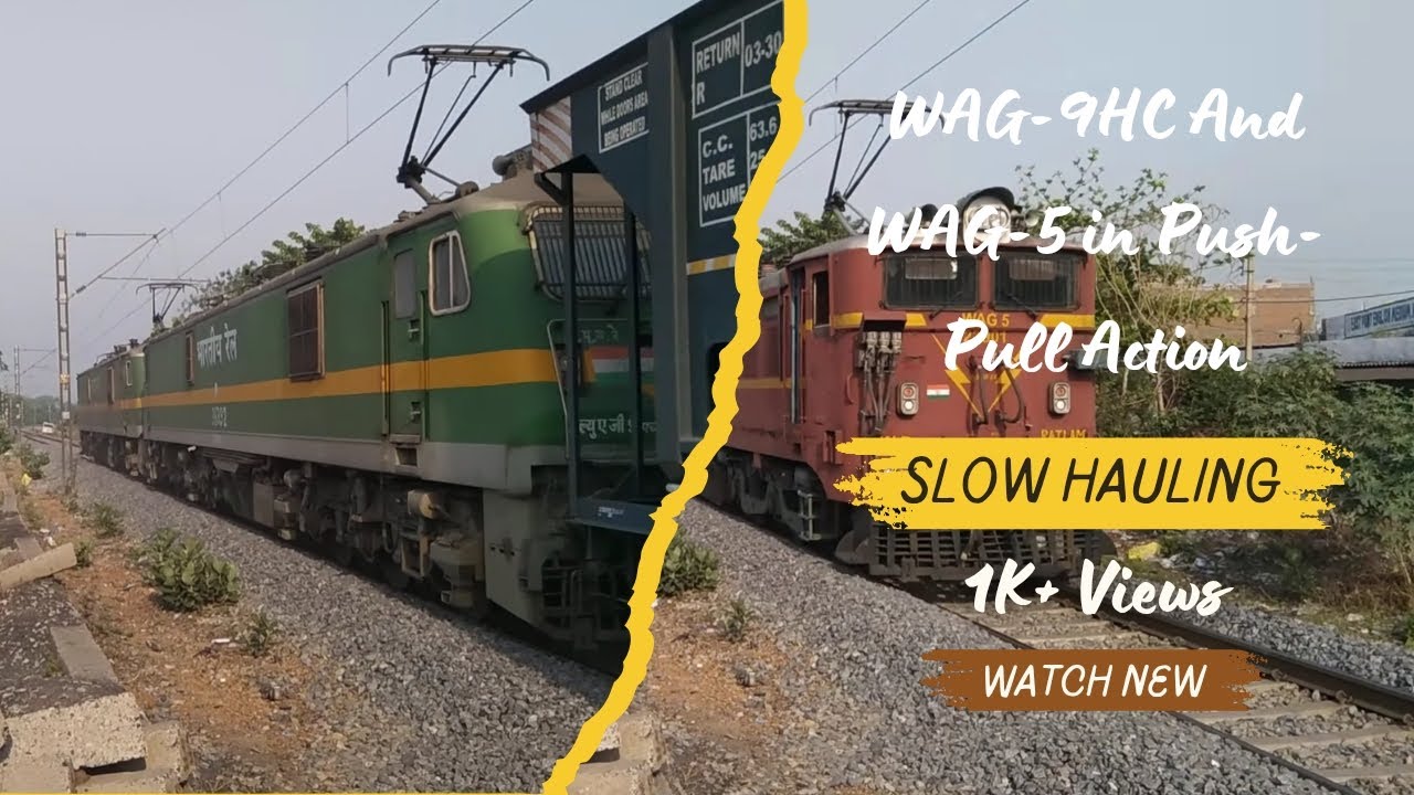Push Pull Goods Train Is Slow Hauling With Electric Locomotives With BOBRN Goods In Wheel Vibration