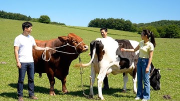 Three women standing and having fun guessing at the tail of a cow 13