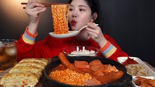 ENG SUB)Spicy Sausage Stew Budae Jjigae with Ramen noodles & THICK Egg Rolls MUKBANG ASMR