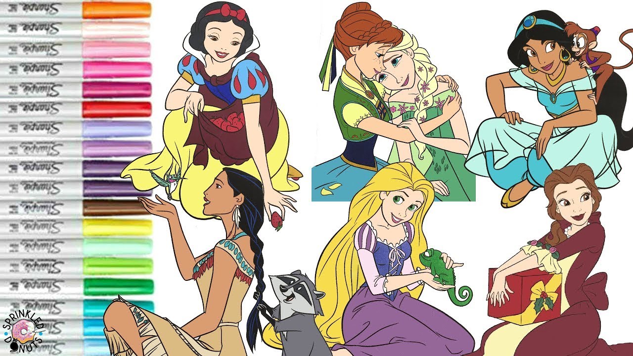 Disney Princess Coloring Book Compilation Belle Snow White Anna Elsa Pocahontas Rapunzel Jasmine
