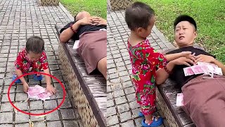 Test son found the money reaction! Help the sleeping uncle to pick up the money and return it. Xiao