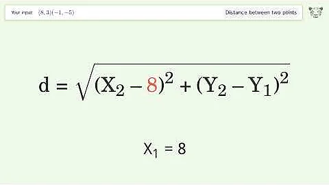 Find the distance between two points p1 (8,3) and p2 (-1,-5): Step-by-Step Video Solution