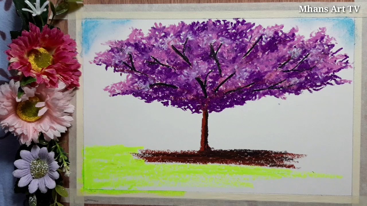 CHERRY BLOSSOMS IN OIL PASTEL EASY STEP | Mhans Art TV - YouTube