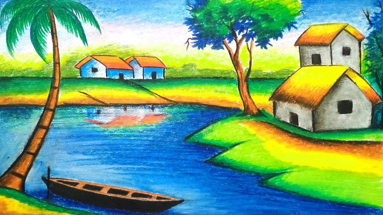 Easy village landscape drawing - For beginner | Very simple colour pencil landscape  drawing - For beginner | By Brush and colourFacebook