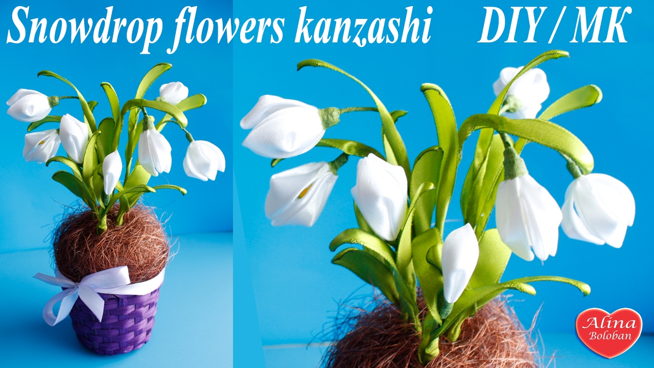 Подснежники Канзаши. Подарочный горшочек / Snowdrop flowers kanzashi. DIY