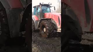 Powerful tractors Fendt 930 and MTZ 3522 are returning from the field