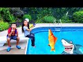 Heidi &amp; Zidane और एक पूल में एक बेबी शार्क के बारे में एक मजेदार कहानी | Comedy video | Baby shark