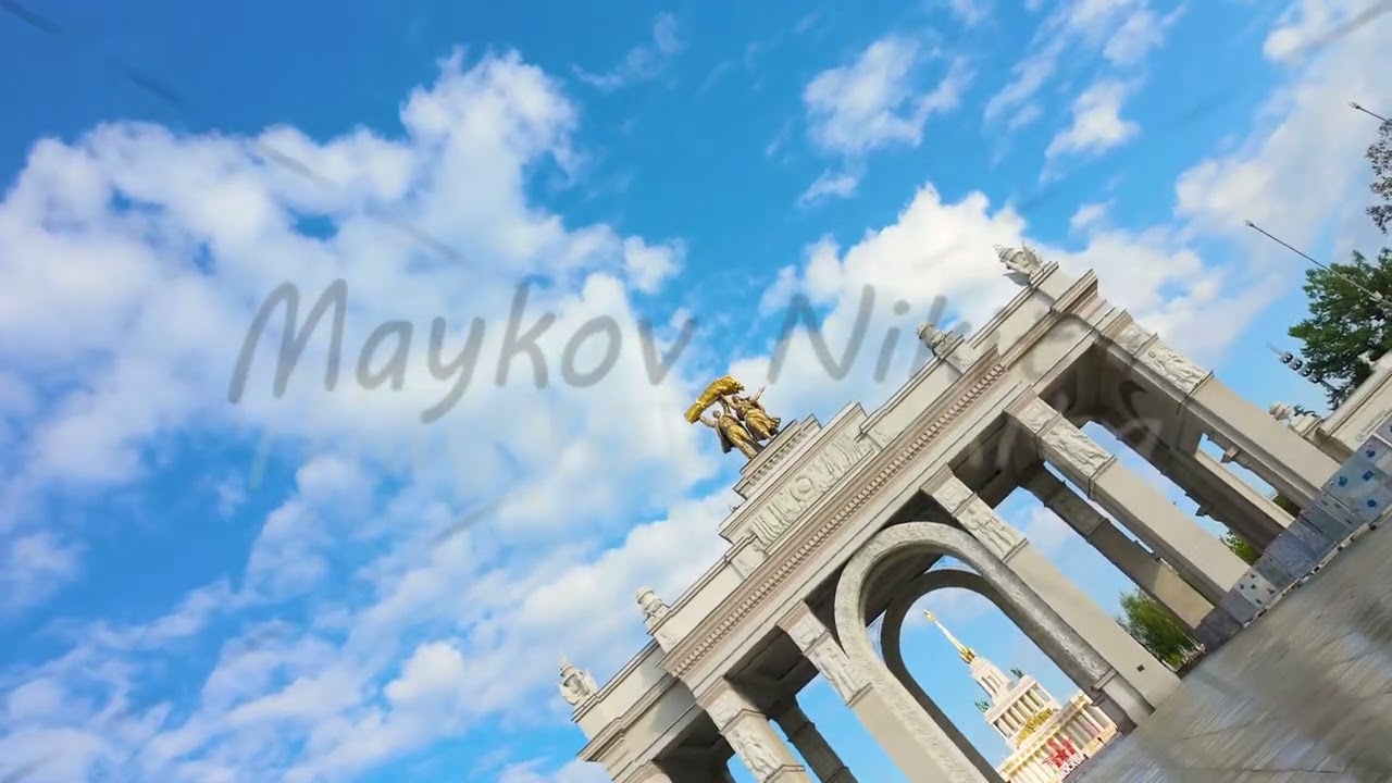 Moscow, Russia. Entrance VDNKh. Symmetry. Red Star and Pavilion No. 1. Exhibition of Achievements...