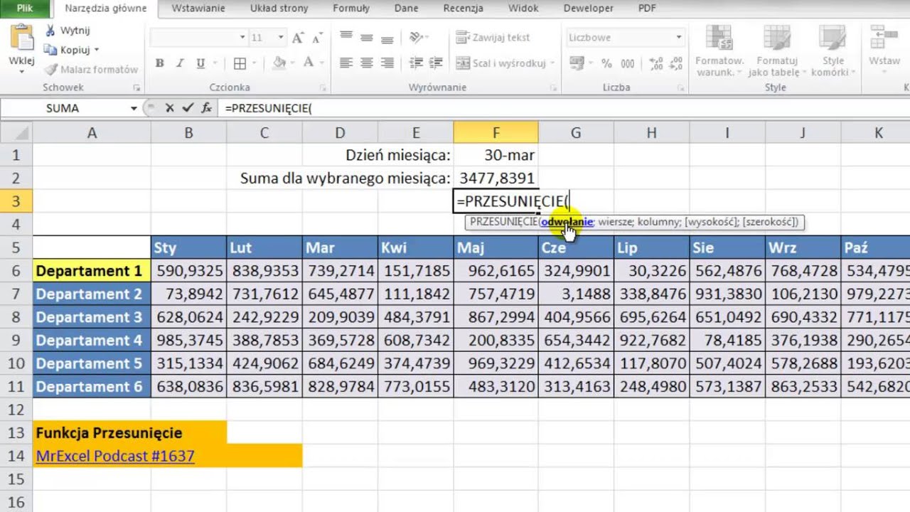Excel - PRZESUNIĘCIE - działanie funkcji, wybieranie sumy dochodów