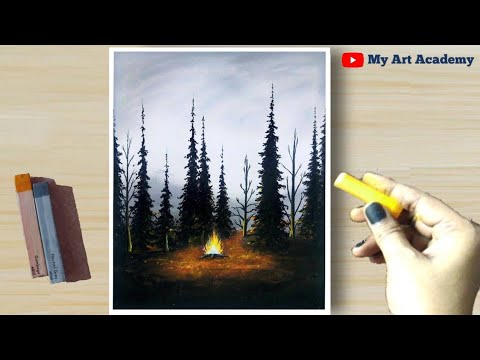 Soft Pastel Drawing - How to Draw Bonfire in the Forest (step by step) - Forest Landscape Painting.