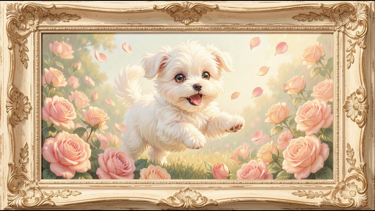 Cute White Maltese Puppy in Roses 4K Relaxing Oil Art – frame tv art 4k with music | tv screensaver