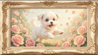 Cute White Maltese Puppy in Roses 4K Relaxing Oil Art – frame tv art 4k with music | tv screensaver screenshot 1