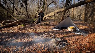 SOLO BUSHCRAFT TRIP-CANVAS TENT,WOOD STOVE.MAKING FOOD, HOME MADE TOOLS etc.